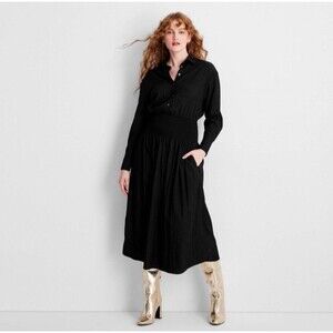 NWT Future Collective Collared Long Sleeve Midi Shirtdress Black- Size L